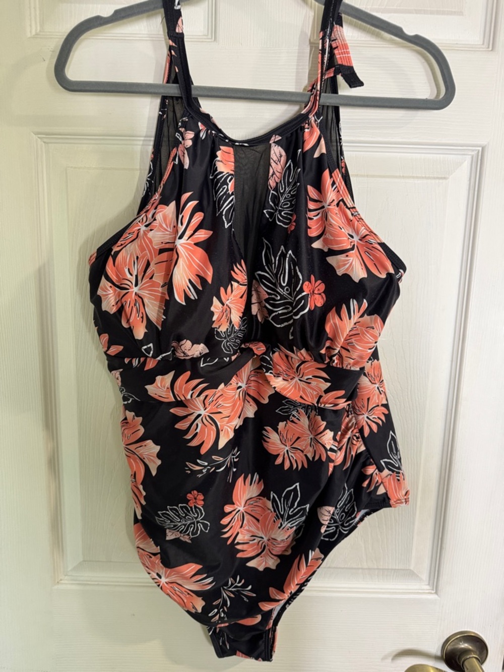 Floral One-Piece Swimsuit in Black and Coral